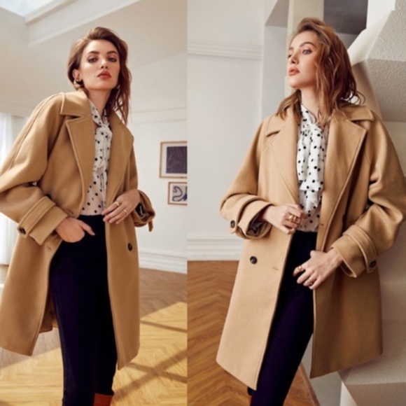 Camel khaki long trench peacoat tan oversized Button Jacket Minimalist - Picture 5 of 6